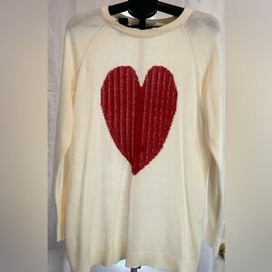 Women’s Wanna B Cute Red Heart Crew Knit Dolman Sleeve Tunic Sweater,Ivory, Med